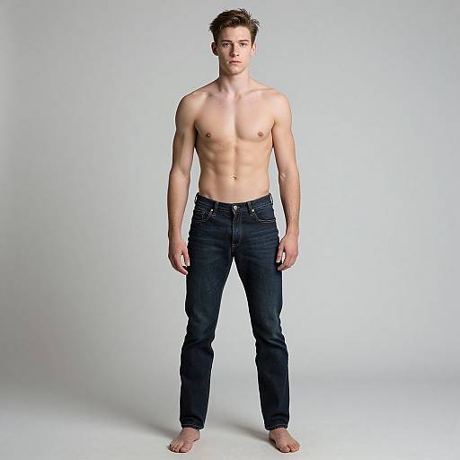 Photograph of a muscular, shirtless young man with short brown hair, standing barefoot in dark blue jeans against a plain white background.