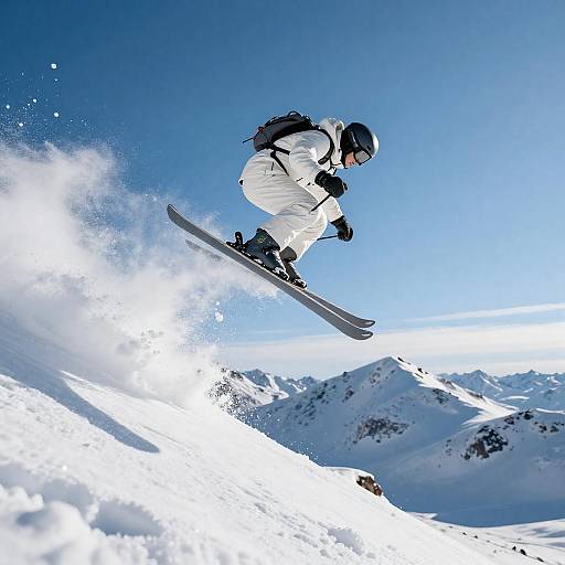 Skier Mid-Air Jumping Off Snowy Mountain