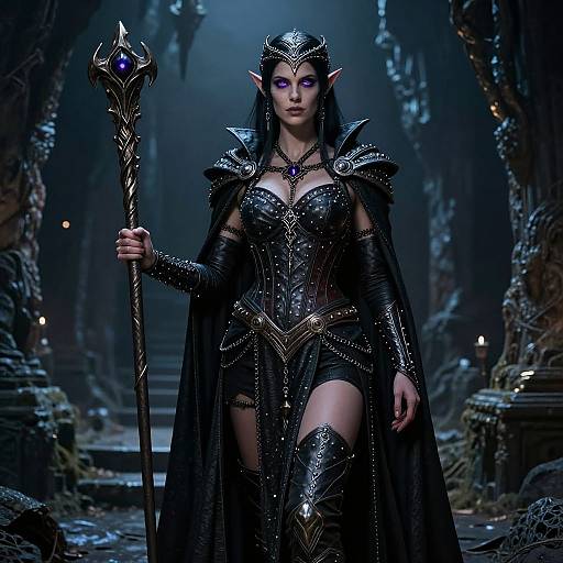 Digital fantasy artwork: Dark elf queen with pointed ears, black armor, purple gemstone, holding ornate staff, standing in mystical, dimly-l