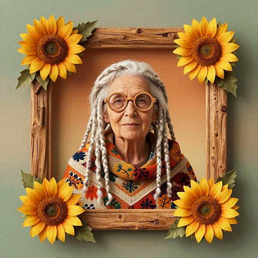 Stylized Elderly Woman Portrait with Sunflower Frame
