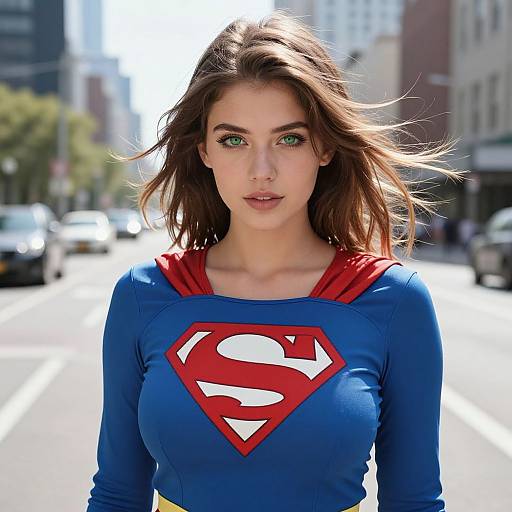 Photograph of a young woman with green eyes, wearing a blue Supergirl costume with red 