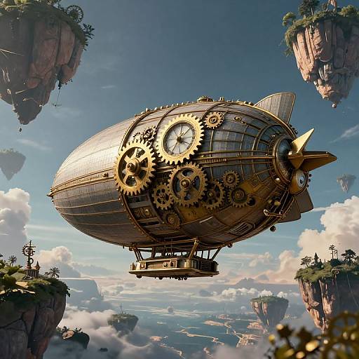 Digital art of a steampunk airship with large gears, hovering above floating cliff islands under a bright blue sky with clouds.