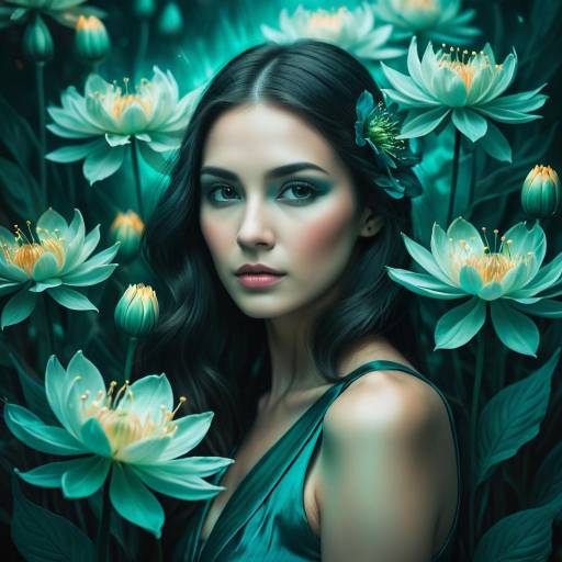 Surreal Woman Among Glowing Flowers