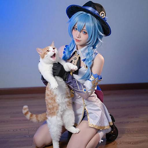 Young Woman with Light Blue Hair and Cat