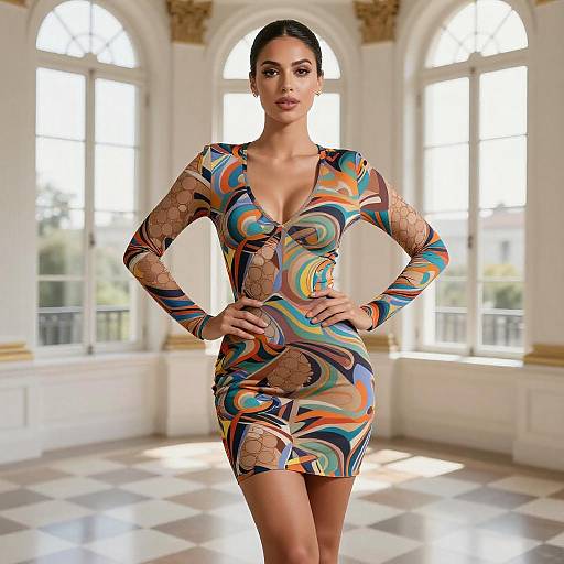 Confident Woman in Abstract Mini Dress