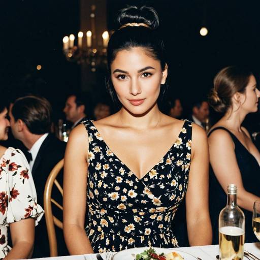 Young Woman in Floral Dress at Dinner Party