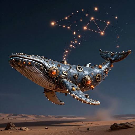 Digital artwork of a metallic, gear-filled, glowing blue whale flying above a desert at night, with a constellation trail above.