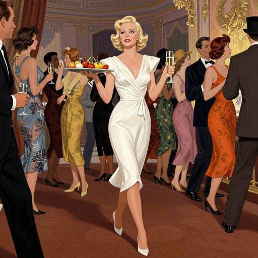 Digital illustration of a 1950s-style party: Blonde woman in white dress, holding tray with food, cocktail in hand, surrounded by elegantly