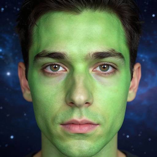 Photorealistic digital portrait of a young man with green skin, dark brown hair, and brown eyes, against a starry blue galaxy background.