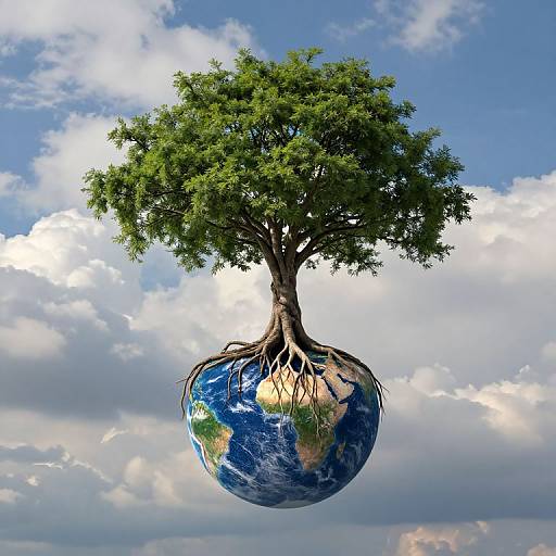 Photograph of a tree with roots embedded in a floating Earth, set against a bright blue sky with fluffy white clouds.
