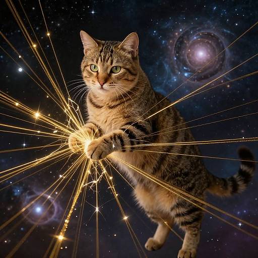 Photograph of a tabby cat with green eyes, standing on hind legs and creating a starburst effect with its front paws in a cosmic,