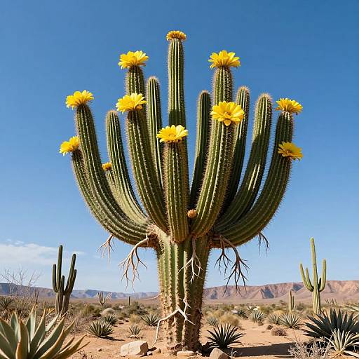Photograph of a tall, green, multi-armed Saguaro cactus with bright yellow flowers against a clear blue sky in a desert landscape.