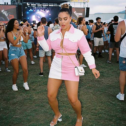 Photograph of a curvy woman with brown skin and black hair in a ponytail, wearing a pink and white zip-up mini dress and white heels