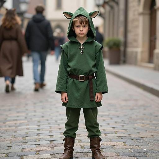 Boy in Green Fantasy Costume on Cobblestone Street
