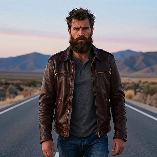 Photograph of a bearded man with dark hair, wearing a brown leather jacket and grey shirt, standing on an empty desert road with mountains in the
