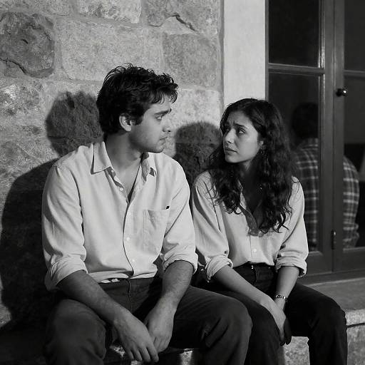 Black and White Portrait of Concerned Couple Sitting