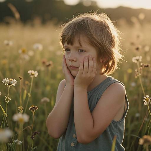 Photograph of a young girl with light brown hair, wearing a sleeveless blue dress, standing in a sunlit meadow of wildflowers, hands