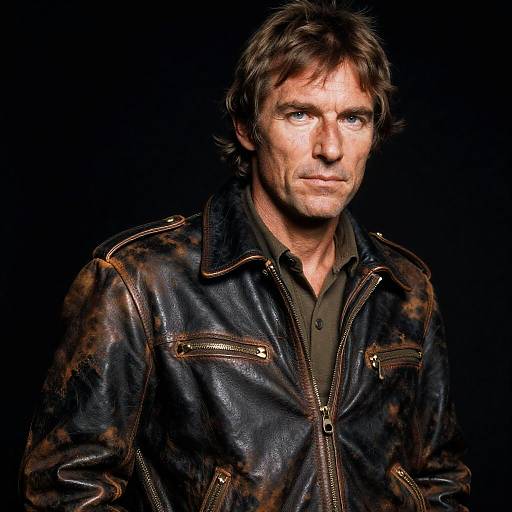 Photograph of a serious-looking middle-aged man with tousled brown hair, wearing a worn, dark brown leather jacket with gold zippers, against a