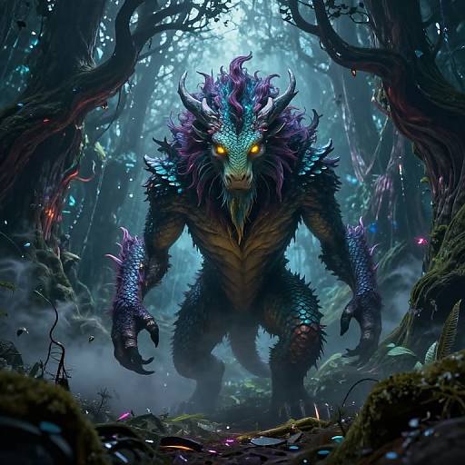 Digital fantasy artwork of a fierce, glowing-eyed, purple-scaled, dragon-like creature with sharp claws and horns, standing menacingly in a dark,
