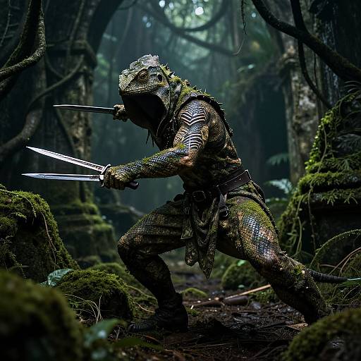 Photorealistic CGI of a camouflaged, armored warrior with moss-covered helmet and body, wielding dual knives, crouched in a dark,