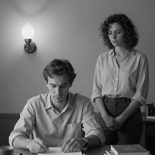 Black and White Portrait of Thoughtful Man and Woman Indoors