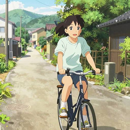 Anime Girl Cycling Through Rural Village