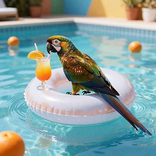 Parrot on Swim Ring with Tropical Drink by Pool