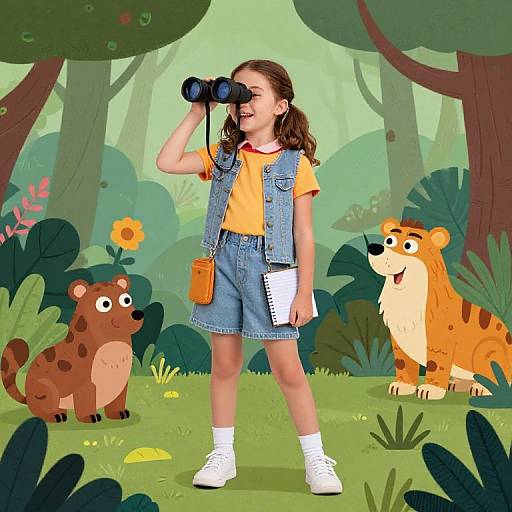 Cartoon-style illustration of a girl with brown hair, wearing a yellow shirt, denim skirt, and white sneakers, using binoculars in a forest