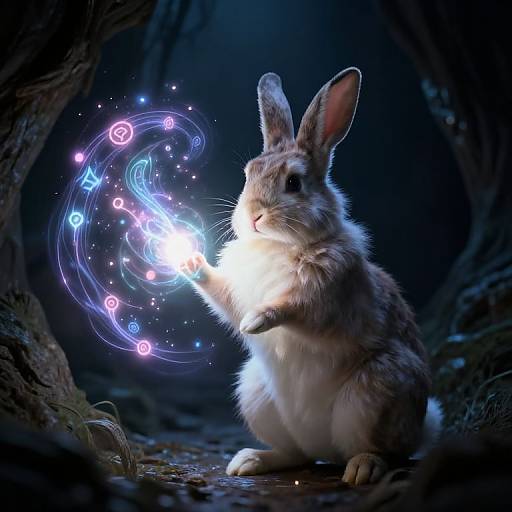 Photorealistic CGI of a gray and white rabbit in a dark forest, conjuring swirling, glowing magical symbols with its paw.