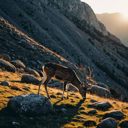 Deer Grazing on Rocky Mountain Slope at Sunset Deer Grazing on Rocky Mountain Slope at Sunset