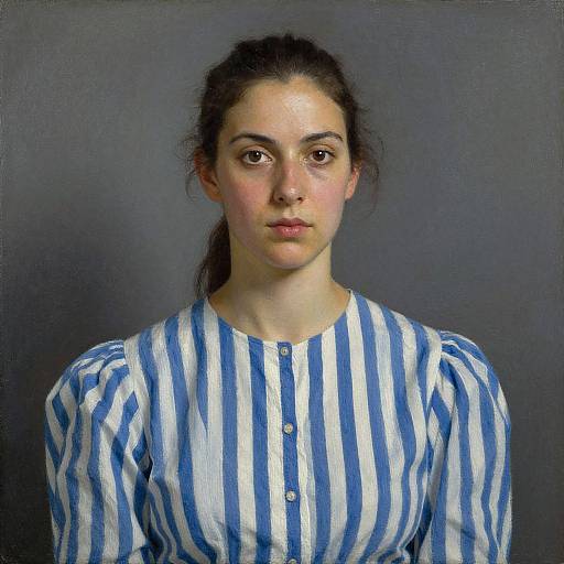 Photorealistic painting of a young woman with fair skin, dark hair in a ponytail, wearing a blue and white striped shirt, against a plain