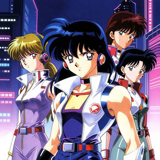 Anime-style digital illustration of four confident, futuristic characters with neon cityscape background, wearing white and blue high-tech outfits.