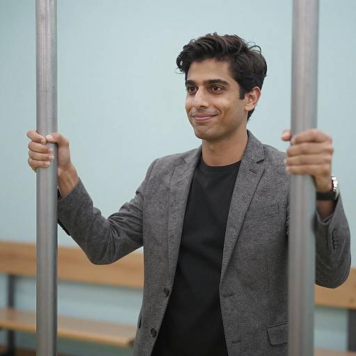 Man in Gray Blazer Holding Metal Bars