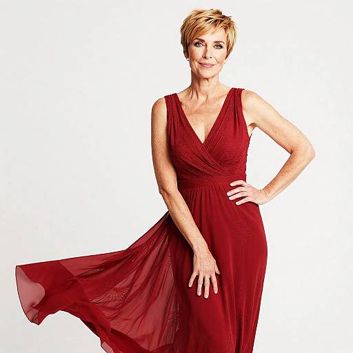 Wry Middle-Aged Woman in Red Dress