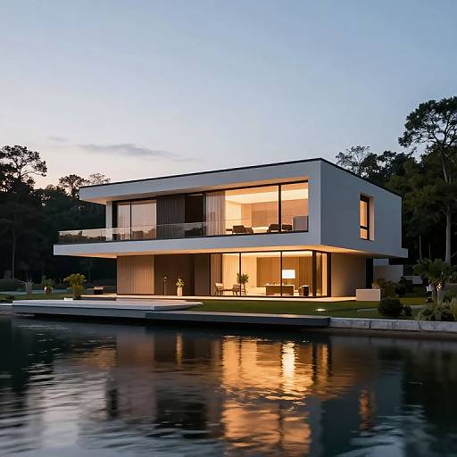 Photograph of a modern, two-story house with large, illuminated windows, reflecting on a calm lake at dusk, surrounded by trees.