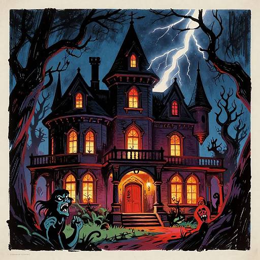 Gothic-style, brightly-lit haunted mansion with glowing windows, lightning in stormy night sky, eerie black trees, and spooky cat in foreground