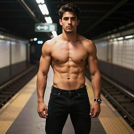 Photograph of a muscular, shirtless young man with short dark hair, standing in a dimly lit subway tunnel, wearing black pants and a wrist