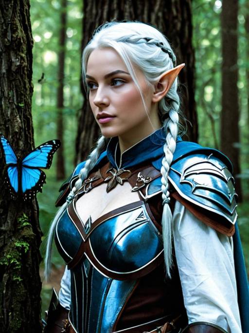 Elf Warrior in Forest with Blue Butterfly
