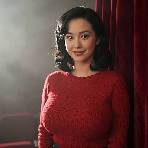 Photograph of a smiling woman with dark, wavy hair, wearing a red knit sweater, standing against a dark red curtain backdrop.