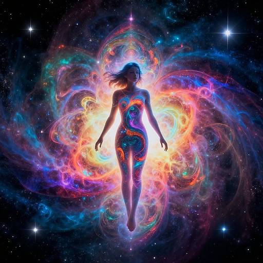 Silhouetted woman floating amid vibrant, swirling cosmic clouds of colorful lights against a starry black space background. Digital art.