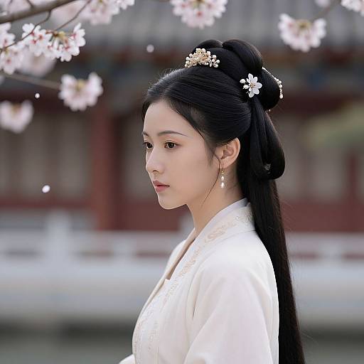 Photograph of a young East Asian woman with fair skin, black hair in an elegant bun adorned with white flowers, wearing a white kimono, standing