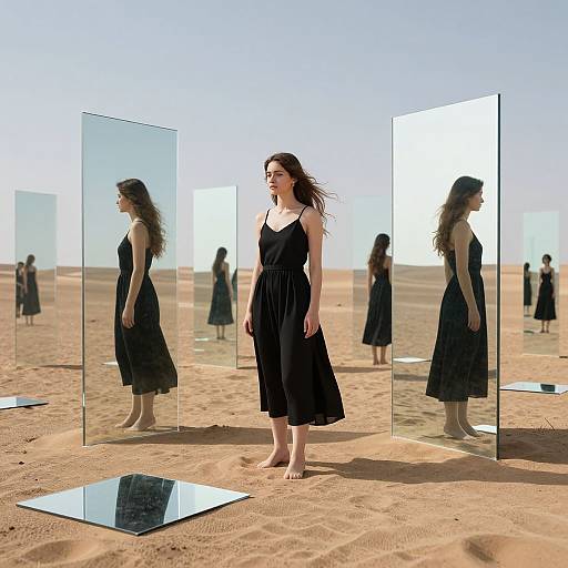 Photograph of a woman with long brown hair in a black dress, standing barefoot in a desert with multiple mirrored panels reflecting her image.