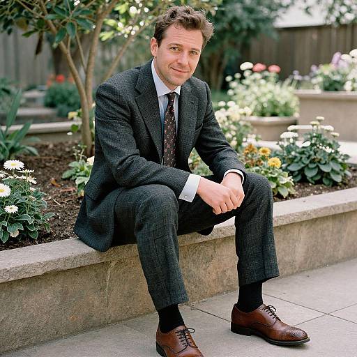 Photograph of a smiling man in a dark gray suit, white shirt, and patterned tie, sitting on a garden stone bench. Background includes lush
