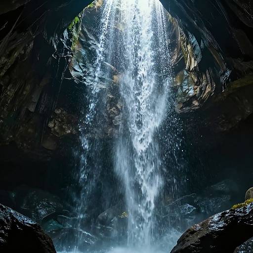 Photograph of a cascading waterfall from a dark, rocky cave, illuminated by sunlight, creating a dramatic contrast of light and shadow.