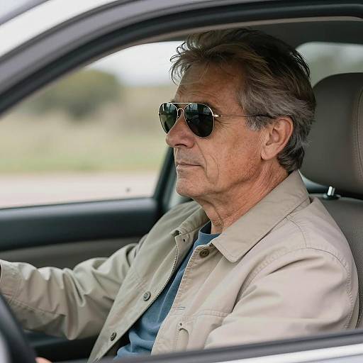 Middle-aged Man Driving Car Wearing Aviator Sunglasses