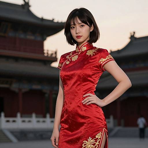 Photograph of an Asian woman with short black hair, wearing a red silk cheongsam with gold floral embroidery, standing confidently in front of a traditional