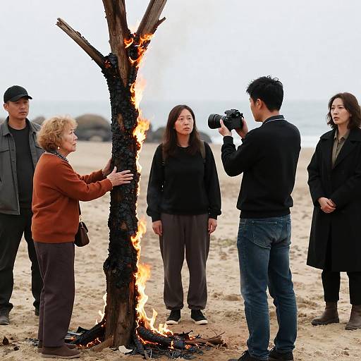 Film Set with Burning Tree and Crew