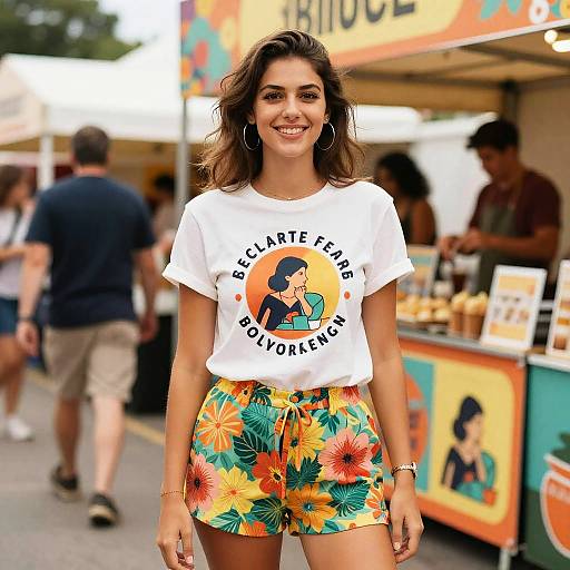 Cheerful Woman at Vibrant Food Festival