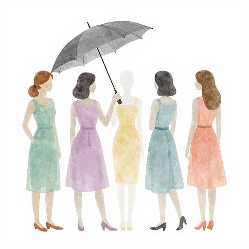 Watercolor illustration of five women in pastel dresses, standing with backs to viewer, holding black umbrella, white background.