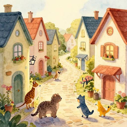 Whimsical illustration of a sunny village street with colorful houses, potted flowers, and playful cheetah and cat-like animals walking.